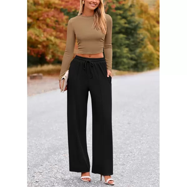 PRETTYGARDEN Womens 2 Piece Loungewear Long Sleeve Crop Top Wide Leg Palazzo Pants Set Tracksuits Casual OutfitCamel Black