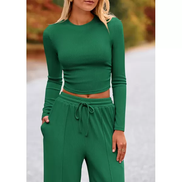PRETTYGARDEN Womens 2 Piece Loungewear Long Sleeve Crop Top Wide Leg Palazzo Pants Set Tracksuits Casual OutfitGreen