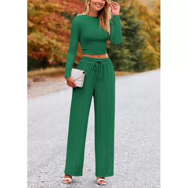 PRETTYGARDEN Womens 2 Piece Loungewear Long Sleeve Crop Top Wide Leg Palazzo Pants Set Tracksuits Casual OutfitGreen