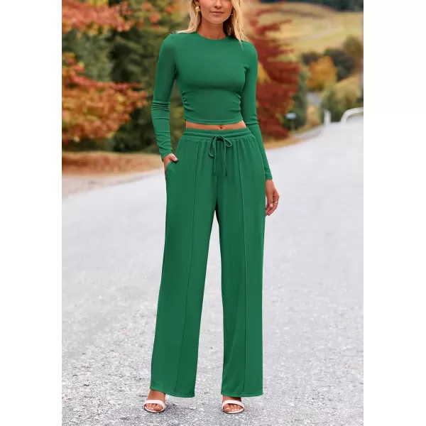 PRETTYGARDEN Womens 2 Piece Loungewear Long Sleeve Crop Top Wide Leg Palazzo Pants Set Tracksuits Casual OutfitGreen