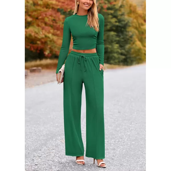PRETTYGARDEN Womens 2 Piece Loungewear Long Sleeve Crop Top Wide Leg Palazzo Pants Set Tracksuits Casual OutfitGreen