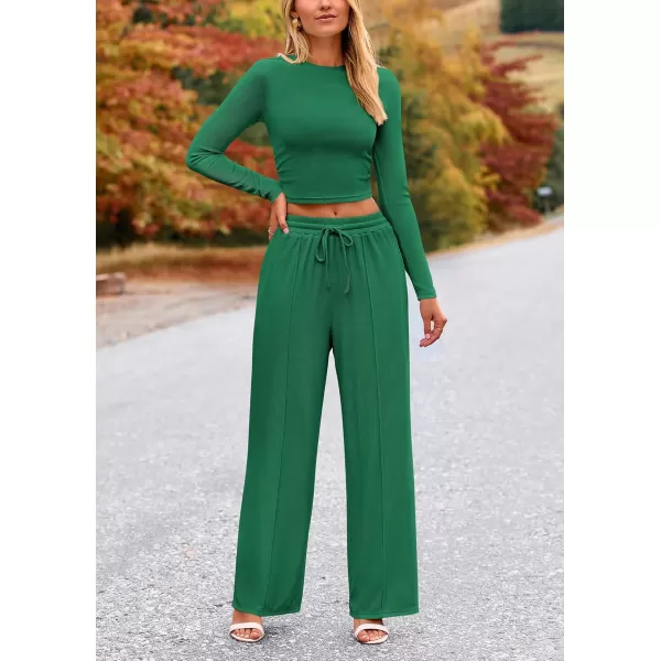 PRETTYGARDEN Womens 2 Piece Loungewear Long Sleeve Crop Top Wide Leg Palazzo Pants Set Tracksuits Casual OutfitGreen