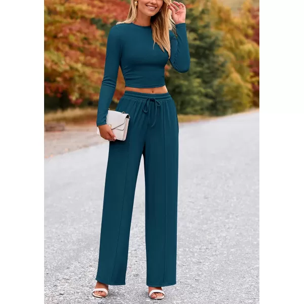 PRETTYGARDEN Womens 2 Piece Loungewear Long Sleeve Crop Top Wide Leg Palazzo Pants Set Tracksuits Casual OutfitLake Blue