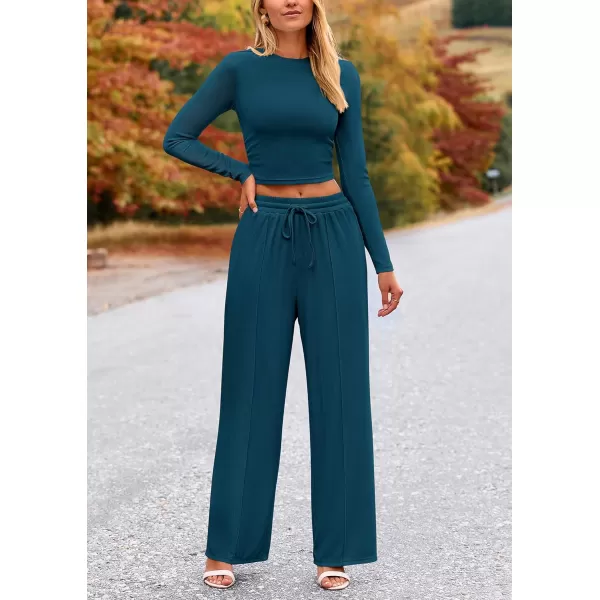 PRETTYGARDEN Womens 2 Piece Loungewear Long Sleeve Crop Top Wide Leg Palazzo Pants Set Tracksuits Casual OutfitLake Blue