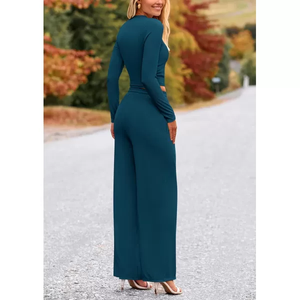 PRETTYGARDEN Womens 2 Piece Loungewear Long Sleeve Crop Top Wide Leg Palazzo Pants Set Tracksuits Casual OutfitLake Blue