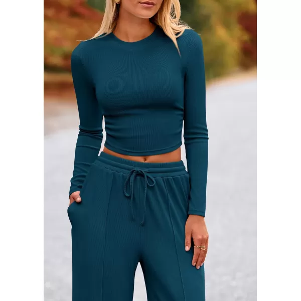 PRETTYGARDEN Womens 2 Piece Loungewear Long Sleeve Crop Top Wide Leg Palazzo Pants Set Tracksuits Casual OutfitLake Blue