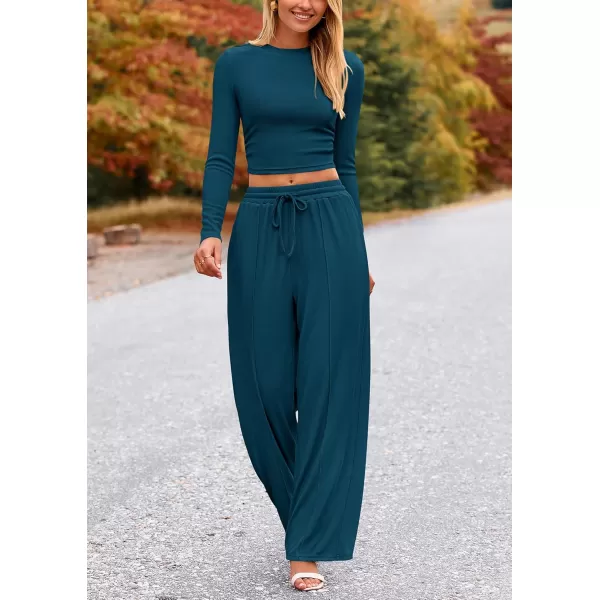 PRETTYGARDEN Womens 2 Piece Loungewear Long Sleeve Crop Top Wide Leg Palazzo Pants Set Tracksuits Casual OutfitLake Blue