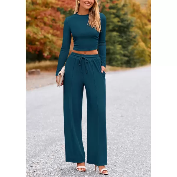 PRETTYGARDEN Womens 2 Piece Loungewear Long Sleeve Crop Top Wide Leg Palazzo Pants Set Tracksuits Casual OutfitLake Blue