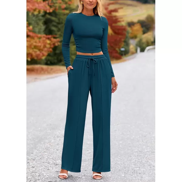 PRETTYGARDEN Womens 2 Piece Loungewear Long Sleeve Crop Top Wide Leg Palazzo Pants Set Tracksuits Casual OutfitLake Blue