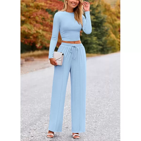 PRETTYGARDEN Womens 2 Piece Loungewear Long Sleeve Crop Top Wide Leg Palazzo Pants Set Tracksuits Casual OutfitLight Blue