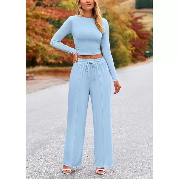 PRETTYGARDEN Womens 2 Piece Loungewear Long Sleeve Crop Top Wide Leg Palazzo Pants Set Tracksuits Casual OutfitLight Blue