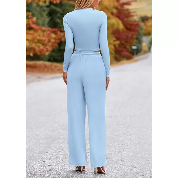 PRETTYGARDEN Womens 2 Piece Loungewear Long Sleeve Crop Top Wide Leg Palazzo Pants Set Tracksuits Casual OutfitLight Blue