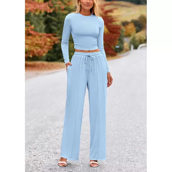 PRETTYGARDEN Womens 2 Piece Loungewear Long Sleeve Crop Top Wide Leg Palazzo Pants Set Tracksuits Casual OutfitLight Blue