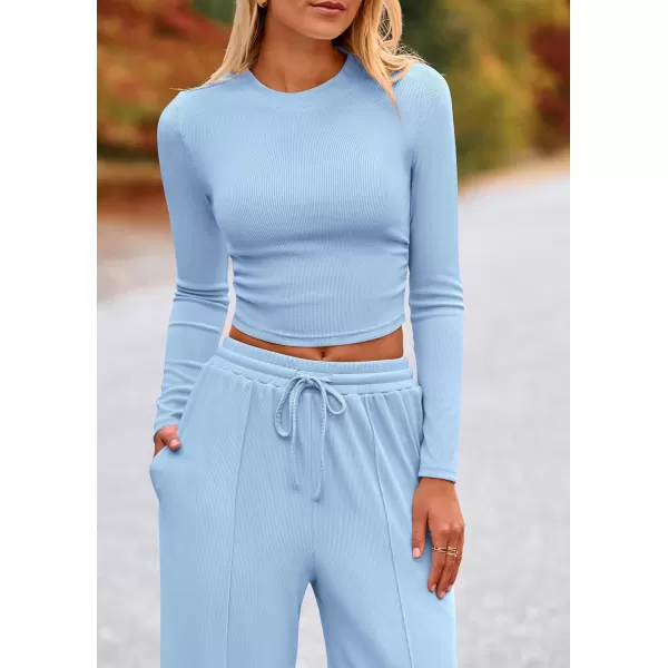 PRETTYGARDEN Womens 2 Piece Loungewear Long Sleeve Crop Top Wide Leg Palazzo Pants Set Tracksuits Casual OutfitLight Blue
