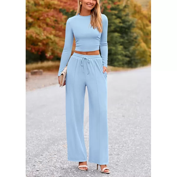 PRETTYGARDEN Womens 2 Piece Loungewear Long Sleeve Crop Top Wide Leg Palazzo Pants Set Tracksuits Casual OutfitLight Blue