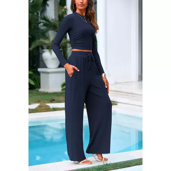 PRETTYGARDEN Womens 2 Piece Loungewear Long Sleeve Crop Top Wide Leg Palazzo Pants Set Tracksuits Casual OutfitNavy