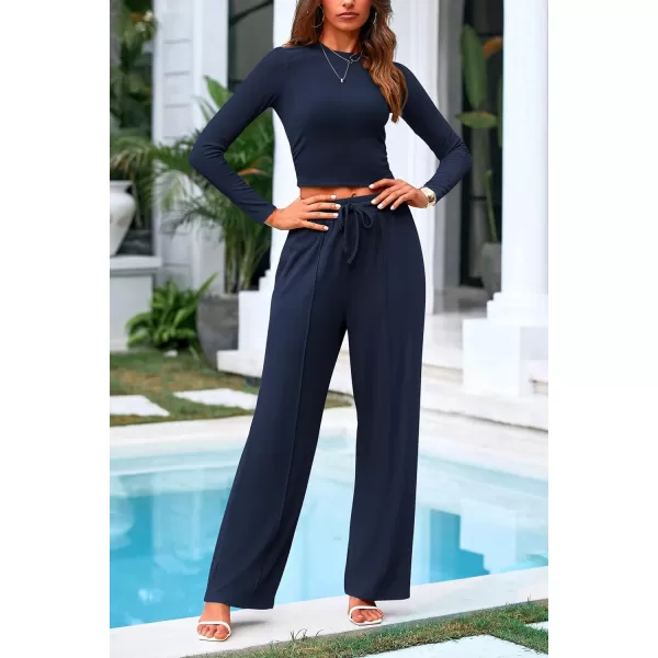PRETTYGARDEN Womens 2 Piece Loungewear Long Sleeve Crop Top Wide Leg Palazzo Pants Set Tracksuits Casual OutfitNavy