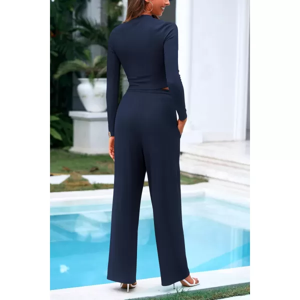 PRETTYGARDEN Womens 2 Piece Loungewear Long Sleeve Crop Top Wide Leg Palazzo Pants Set Tracksuits Casual OutfitNavy