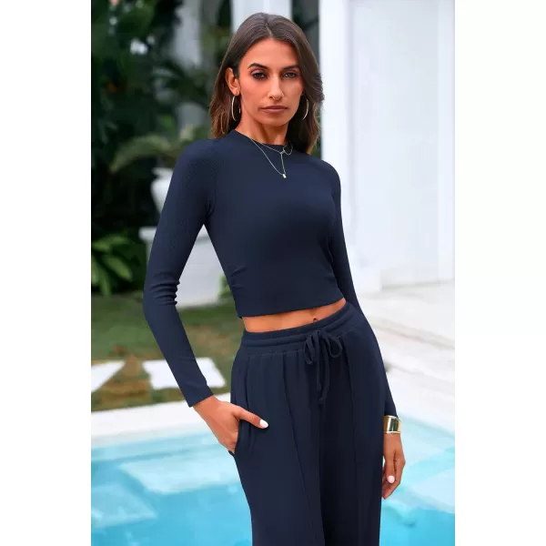 PRETTYGARDEN Womens 2 Piece Loungewear Long Sleeve Crop Top Wide Leg Palazzo Pants Set Tracksuits Casual OutfitNavy