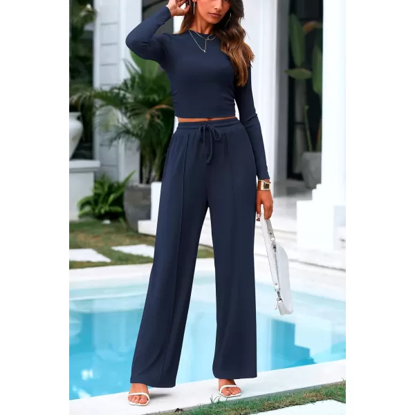 PRETTYGARDEN Womens 2 Piece Loungewear Long Sleeve Crop Top Wide Leg Palazzo Pants Set Tracksuits Casual OutfitNavy