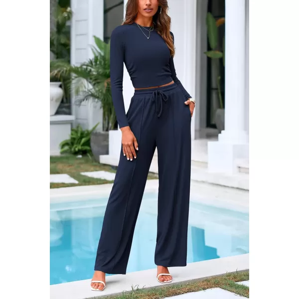 PRETTYGARDEN Womens 2 Piece Loungewear Long Sleeve Crop Top Wide Leg Palazzo Pants Set Tracksuits Casual OutfitNavy