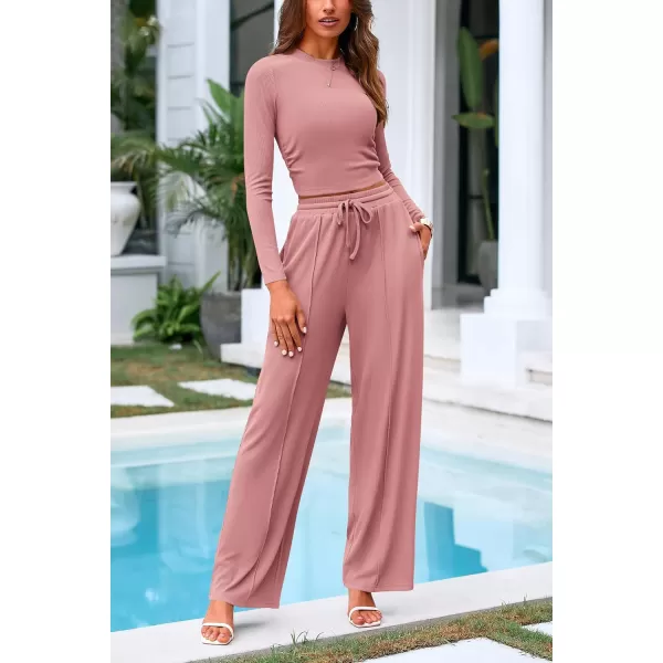 PRETTYGARDEN Womens 2 Piece Loungewear Long Sleeve Crop Top Wide Leg Palazzo Pants Set Tracksuits Casual OutfitPink