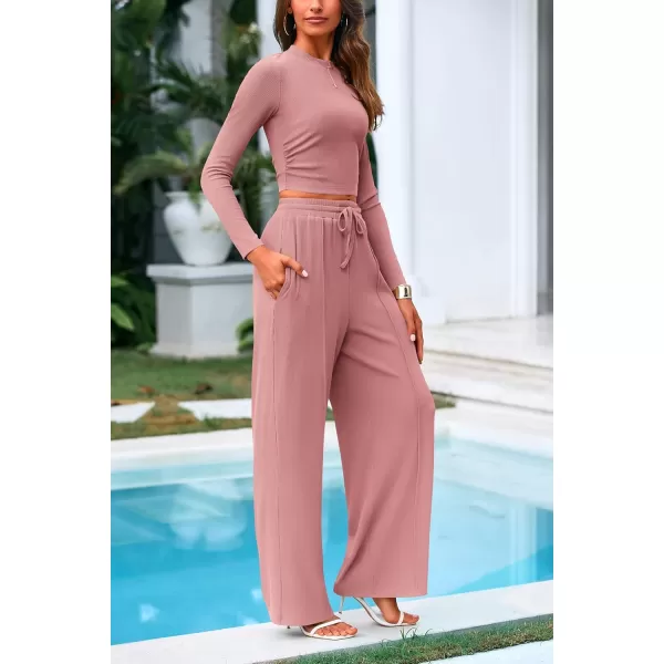 PRETTYGARDEN Womens 2 Piece Loungewear Long Sleeve Crop Top Wide Leg Palazzo Pants Set Tracksuits Casual OutfitPink