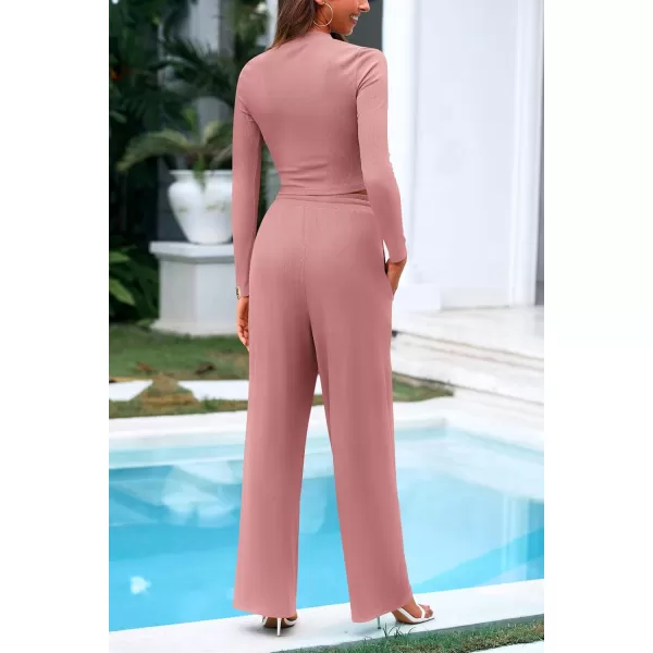 PRETTYGARDEN Womens 2 Piece Loungewear Long Sleeve Crop Top Wide Leg Palazzo Pants Set Tracksuits Casual OutfitPink