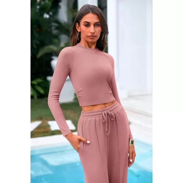 PRETTYGARDEN Womens 2 Piece Loungewear Long Sleeve Crop Top Wide Leg Palazzo Pants Set Tracksuits Casual OutfitPink