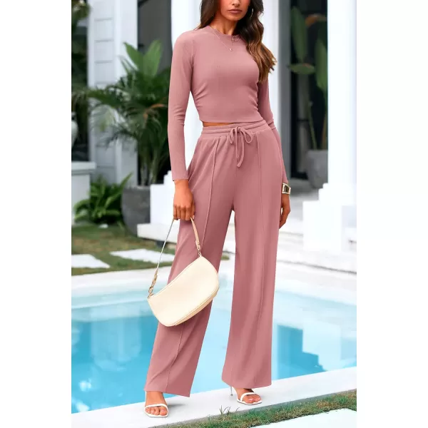 PRETTYGARDEN Womens 2 Piece Loungewear Long Sleeve Crop Top Wide Leg Palazzo Pants Set Tracksuits Casual OutfitPink