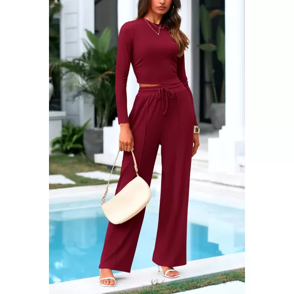 PRETTYGARDEN Womens 2 Piece Loungewear Long Sleeve Crop Top Wide Leg Palazzo Pants Set Tracksuits Casual OutfitWine Red