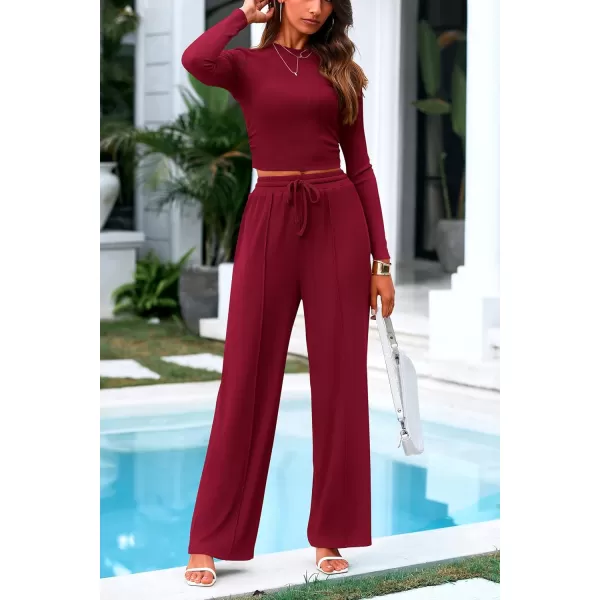 PRETTYGARDEN Womens 2 Piece Loungewear Long Sleeve Crop Top Wide Leg Palazzo Pants Set Tracksuits Casual OutfitWine Red