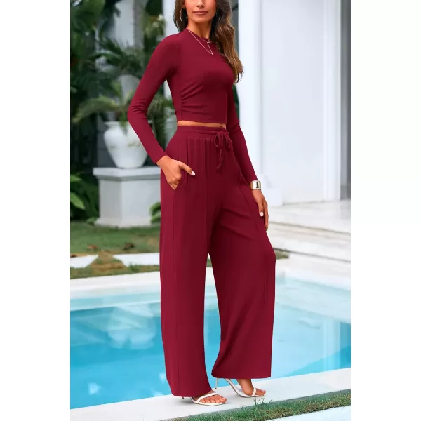 PRETTYGARDEN Womens 2 Piece Loungewear Long Sleeve Crop Top Wide Leg Palazzo Pants Set Tracksuits Casual OutfitWine Red