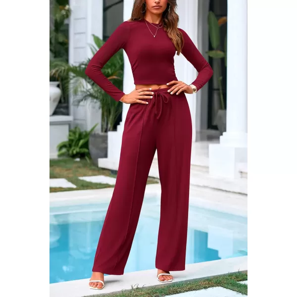 PRETTYGARDEN Womens 2 Piece Loungewear Long Sleeve Crop Top Wide Leg Palazzo Pants Set Tracksuits Casual OutfitWine Red