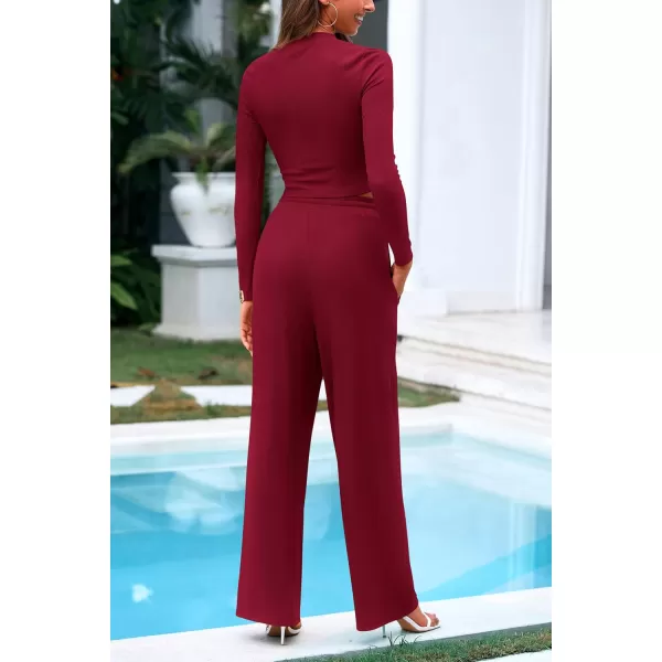 PRETTYGARDEN Womens 2 Piece Loungewear Long Sleeve Crop Top Wide Leg Palazzo Pants Set Tracksuits Casual OutfitWine Red