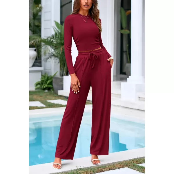 PRETTYGARDEN Womens 2 Piece Loungewear Long Sleeve Crop Top Wide Leg Palazzo Pants Set Tracksuits Casual OutfitWine Red