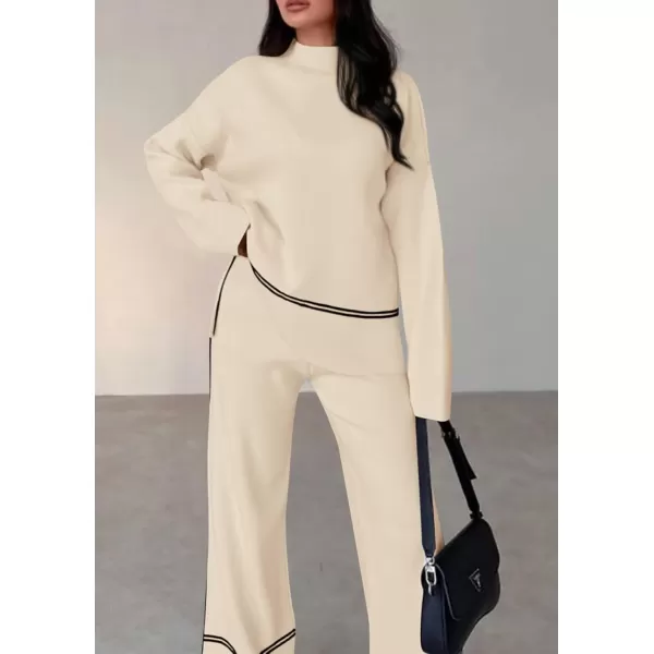 PRETTYGARDEN Womens Fall 2 Piece Outfits Long Sleeve Pullover Sweater Wide Leg Pants Lounge Sets TracksuitsApricot