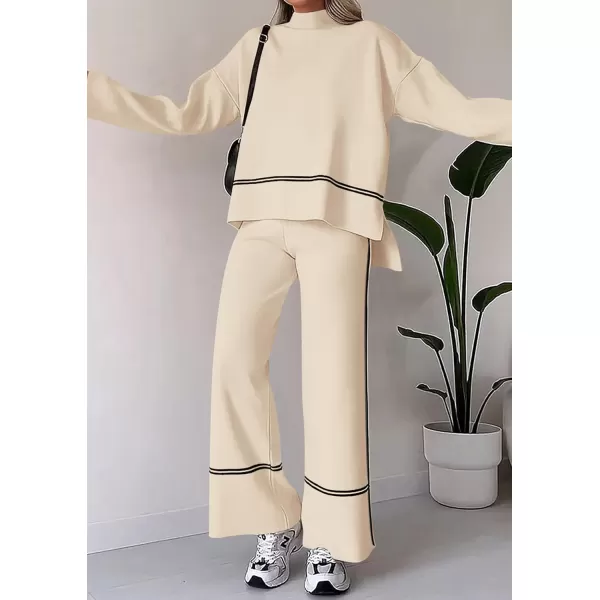 PRETTYGARDEN Womens Fall 2 Piece Outfits Long Sleeve Pullover Sweater Wide Leg Pants Lounge Sets TracksuitsApricot