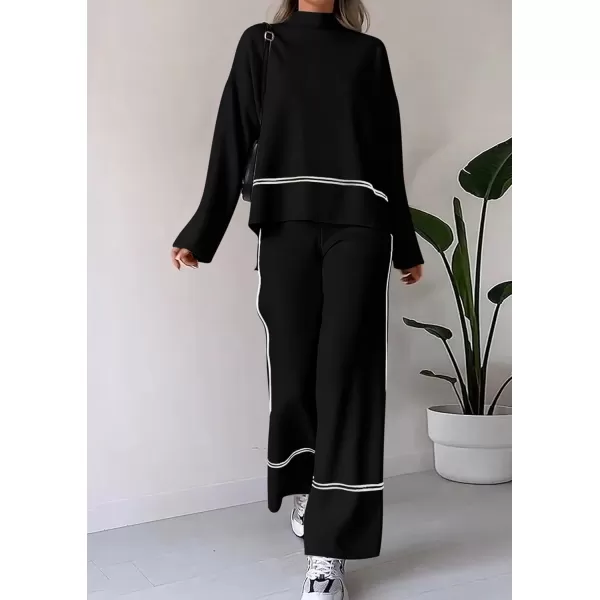 PRETTYGARDEN Womens Fall 2 Piece Outfits Long Sleeve Pullover Sweater Wide Leg Pants Lounge Sets TracksuitsBlack