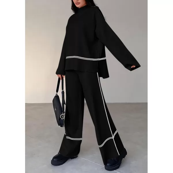 PRETTYGARDEN Womens Fall 2 Piece Outfits Long Sleeve Pullover Sweater Wide Leg Pants Lounge Sets TracksuitsBlack