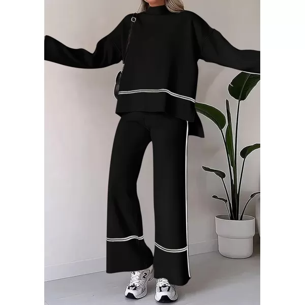 PRETTYGARDEN Womens Fall 2 Piece Outfits Long Sleeve Pullover Sweater Wide Leg Pants Lounge Sets TracksuitsBlack