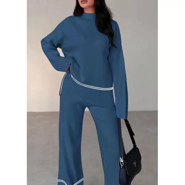 PRETTYGARDEN Womens Fall 2 Piece Outfits Long Sleeve Pullover Sweater Wide Leg Pants Lounge Sets TracksuitsBlue