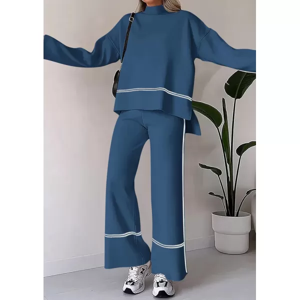 PRETTYGARDEN Womens Fall 2 Piece Outfits Long Sleeve Pullover Sweater Wide Leg Pants Lounge Sets TracksuitsBlue