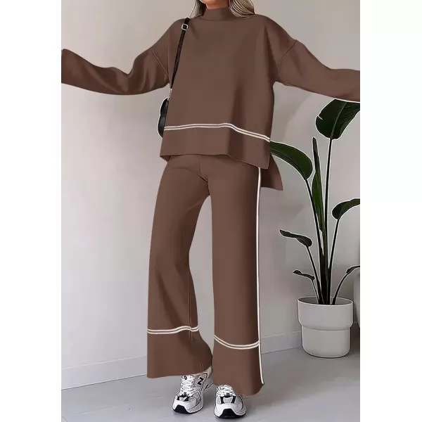 PRETTYGARDEN Womens Fall 2 Piece Outfits Long Sleeve Pullover Sweater Wide Leg Pants Lounge Sets TracksuitsBrown