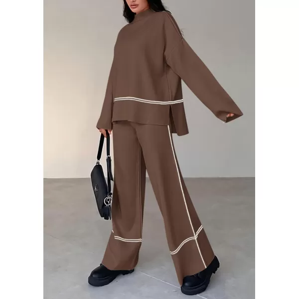 PRETTYGARDEN Womens Fall 2 Piece Outfits Long Sleeve Pullover Sweater Wide Leg Pants Lounge Sets TracksuitsBrown