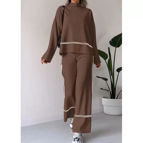 PRETTYGARDEN Womens Fall 2 Piece Outfits Long Sleeve Pullover Sweater Wide Leg Pants Lounge Sets TracksuitsBrown