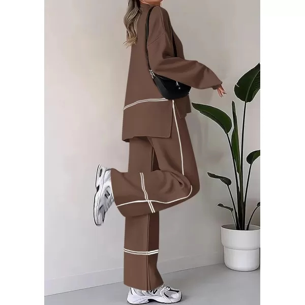 PRETTYGARDEN Womens Fall 2 Piece Outfits Long Sleeve Pullover Sweater Wide Leg Pants Lounge Sets TracksuitsBrown