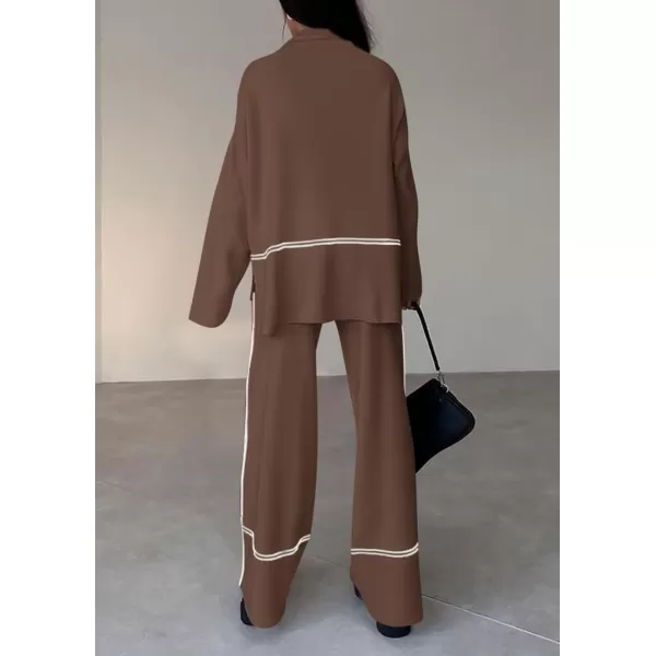 PRETTYGARDEN Womens Fall 2 Piece Outfits Long Sleeve Pullover Sweater Wide Leg Pants Lounge Sets TracksuitsBrown