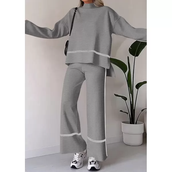 PRETTYGARDEN Womens Fall 2 Piece Outfits Long Sleeve Pullover Sweater Wide Leg Pants Lounge Sets TracksuitsGrey