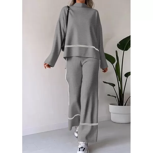 PRETTYGARDEN Womens Fall 2 Piece Outfits Long Sleeve Pullover Sweater Wide Leg Pants Lounge Sets TracksuitsGrey